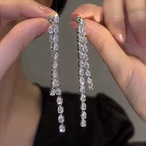 Elegant Silver CZ Long Drop Earrings